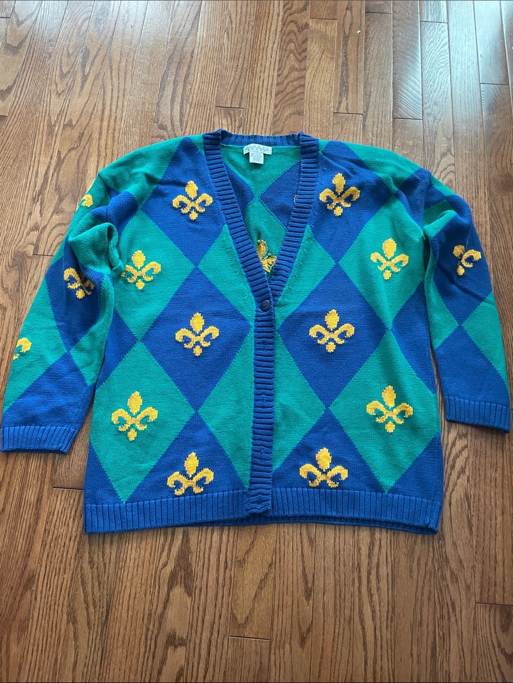 Picone Sport Blue Green Fleur de Lis Grandpa Cosby Cardigan Sz Large